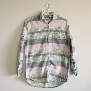 Khaki & Blues Women's Small Button-Down Pleat Collar Striped Casual Thick Shirt